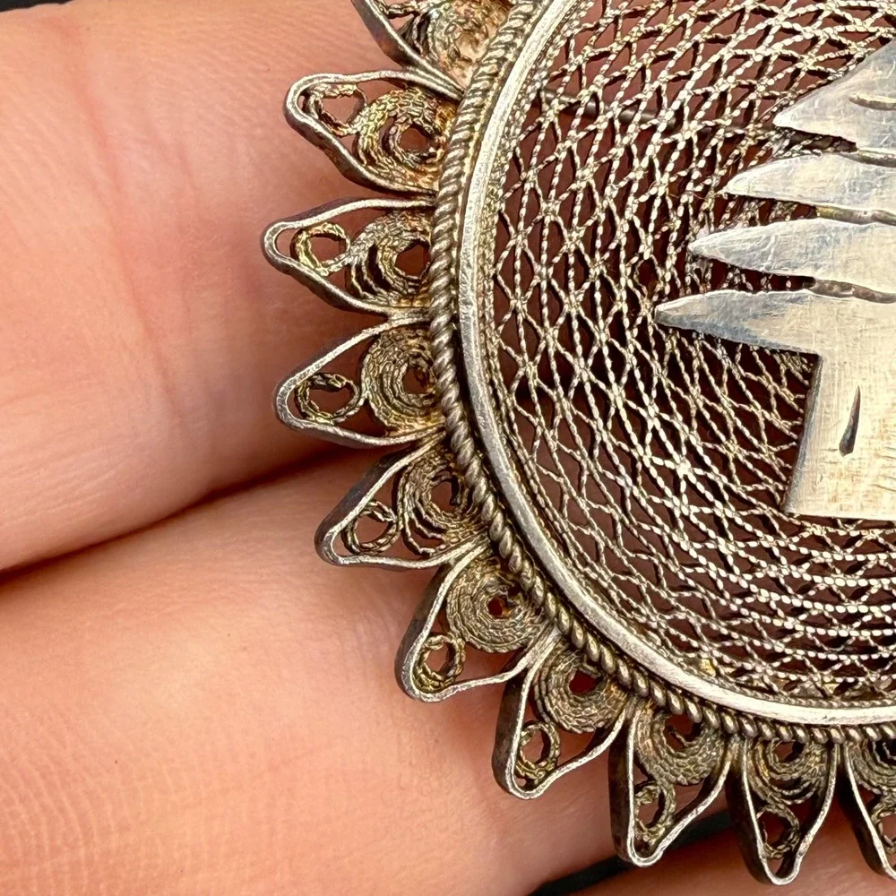 Vintage Spun Silver Cedar of Lebanon Brooch Silver Tone Round Pin